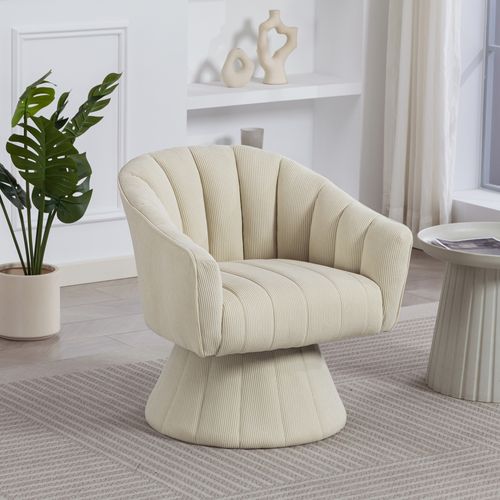 Fauteuil Pivotant 360 Degrés 70x66x72 Cm, Dossier Ergonomique Enveloppant, Velours Côtelé Beige