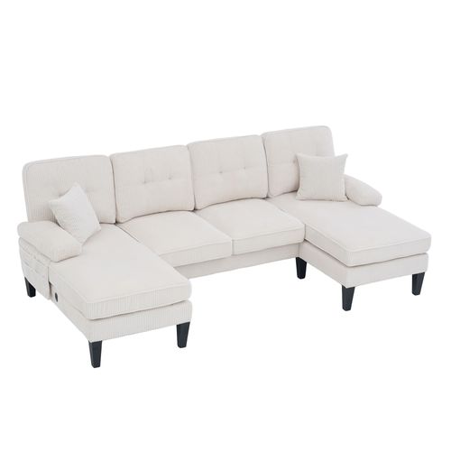 Canapé En U 250x130 Cm, 4 Places Avec Deux Chaises Longues, Design Moderne, Velours Côtelé, Beige