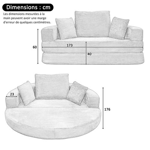 Canapé Convertible 173x176 Cm, Transformable En Lit Ovale, Velours Côtelé, Couleur Gris, Pratique
