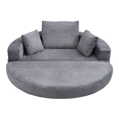 Canapé Convertible 173x176 Cm, Transformable En Lit Ovale, Velours Côtelé, Couleur Gris, Pratique