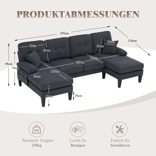 Canapé D'angle En U 250x130x88 Cm, Deux Chaises Longues, Avec Ports USB, Tissu Lin, Gris Foncé