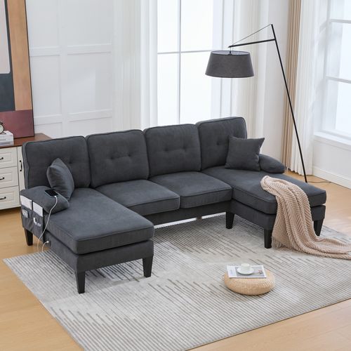 Canapé D'angle En U 250x130x88 Cm, Deux Chaises Longues, Avec Ports USB, Tissu Lin, Gris Foncé