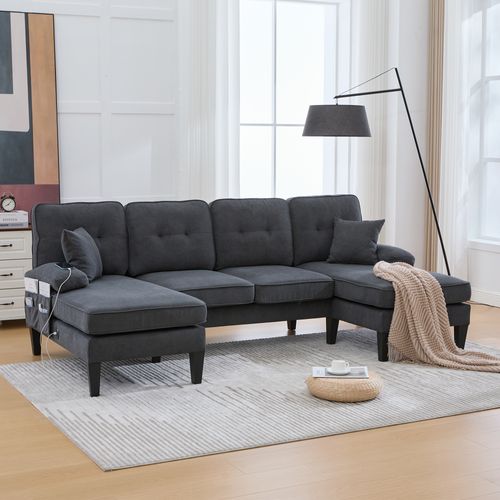 Canapé D'angle En U 250x130x88 Cm, Deux Chaises Longues, Avec Ports USB, Tissu Lin, Gris Foncé