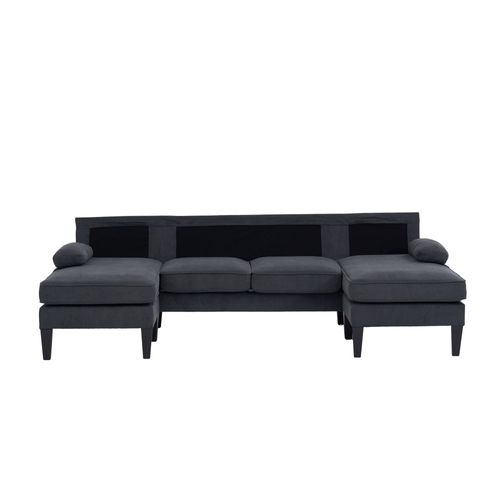 Canapé D'angle En U 250x130x88 Cm, Deux Chaises Longues, Avec Ports USB, Tissu Lin, Gris Foncé