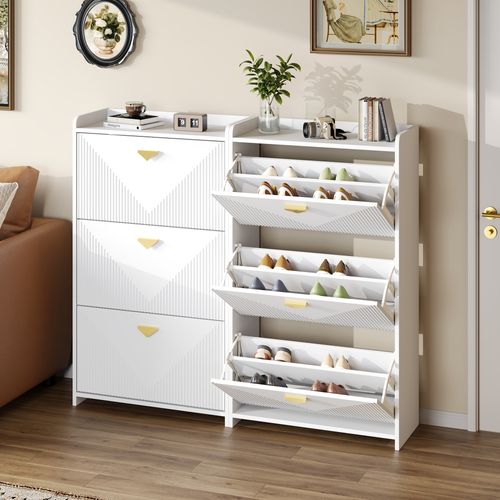 Lot De 2 Meuble à Chaussures 70x30x120 Cm, 6 Portes à Bascule Réglables, Mdf, Blanc