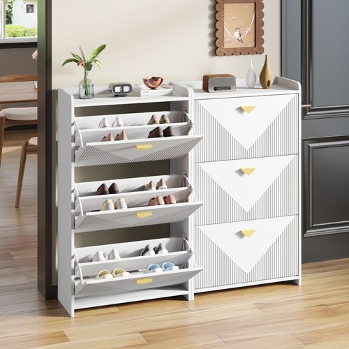 Lot De 2 Meuble à Chaussures 70x30x120 Cm, 6 Portes à Bascule Réglables, Mdf, Blanc