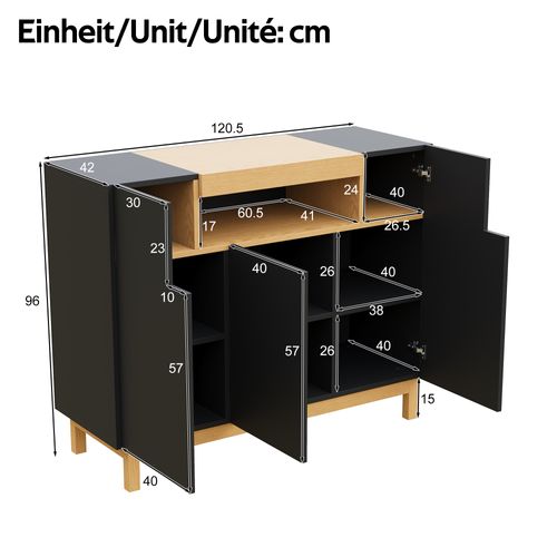 Buffet Bas 120,5x42x96 Cm, 3 Portes Et Étagère Centrale, Panneaux De Particules, Noir+bois