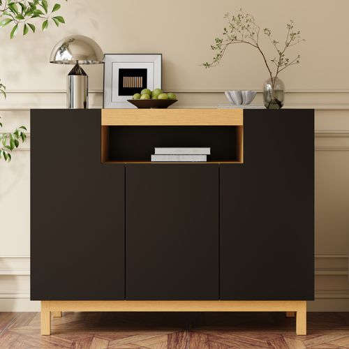 Buffet Bas 120,5x42x96 Cm, 3 Portes Et Étagère Centrale, Panneaux De Particules, Noir+bois