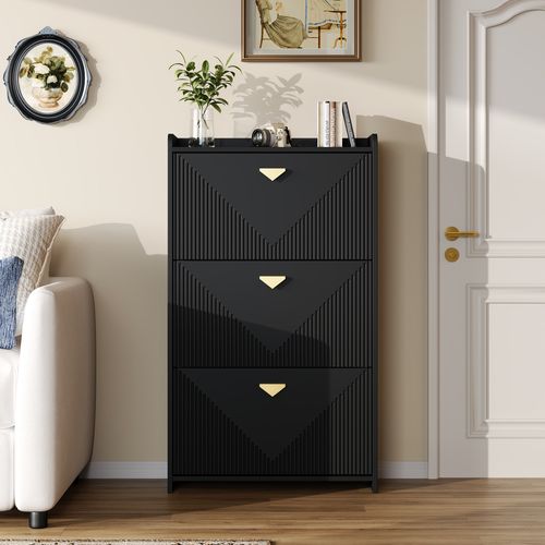 Meuble à Chaussures 70x30x120 Cm, 3 Portes à Bascule, 6 Compartiments Réglables, Mdf, Noir