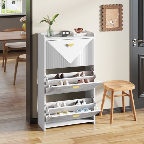 Meuble à Chaussures 70x30x120 Cm, 3 Portes Pliantes, 6 Étagères Réglables, Mdf, Blanc