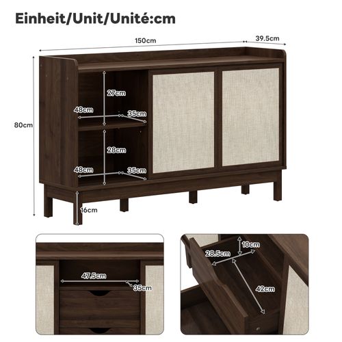 Buffet Bas 150x39,5x80 Cm, 2 Portes Coulissantes, 2 Tiroirs, Panneau De Particules, Brun