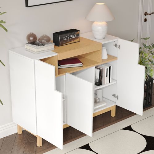 Buffet Bas 120,5x42x96 Cm, 3 Portes, 1 Niche Centrale, Panneau De Particules, Blanc Et Bois Naturel