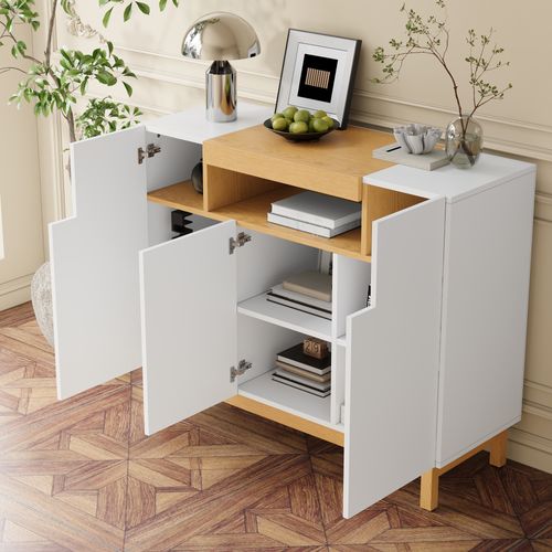 Buffet Bas 120,5x42x96 Cm, 3 Portes, 1 Niche Centrale, Panneau De Particules, Blanc Et Bois Naturel