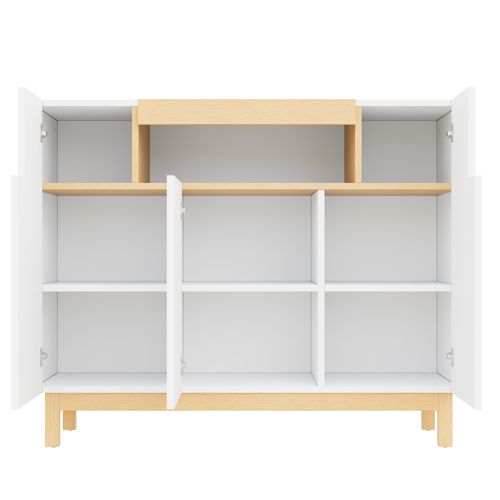 Buffet Bas 120,5x42x96 Cm, 3 Portes, 1 Niche Centrale, Panneau De Particules, Blanc Et Bois Naturel