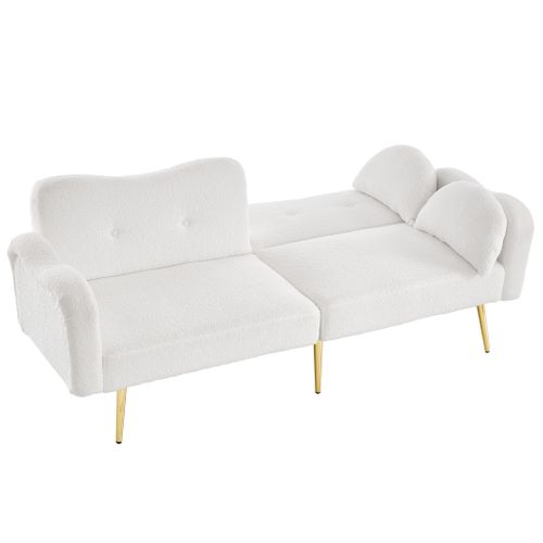 Canapé Convertible 175x79x82 Cm, Dossier 3 Positions, Tissu Laine Et Mousse, Blanc, Pieds Dorés