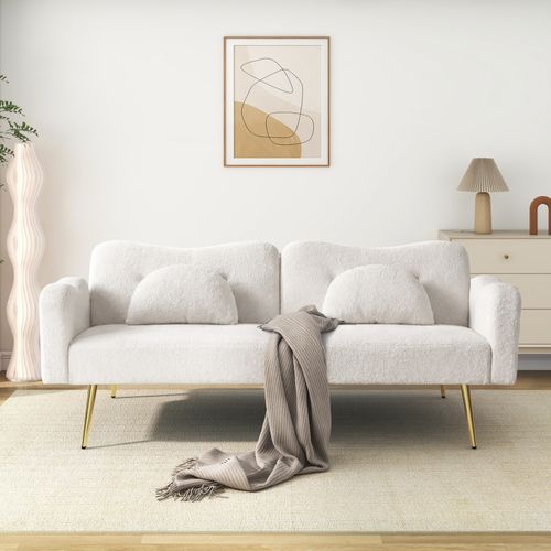 Canapé Convertible 175x79x82 Cm, Dossier 3 Positions, Tissu Laine Et Mousse, Blanc, Pieds Dorés