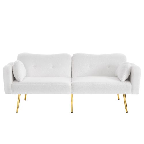 Canapé Convertible 175x79x82 Cm, Dossier 3 Positions, Tissu Laine Et Mousse, Blanc, Pieds Dorés