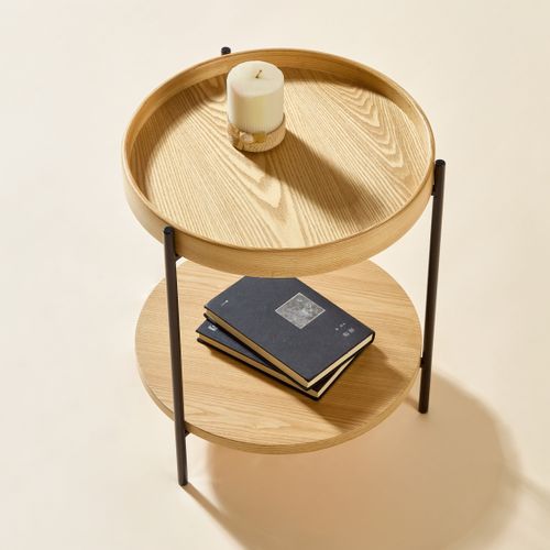 Bout De Canapé 44x44x48 Cm, Double Plateau Rond, Bois Et Mdf, Cadre En Métal Noir, Couleur Bois+noir