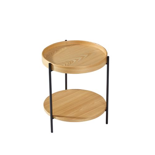 Bout De Canapé 44x44x48 Cm, Double Plateau Rond, Bois Et Mdf, Cadre En Métal Noir, Couleur Bois+noir