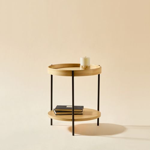 Bout De Canapé 44x44x48 Cm, Double Plateau Rond, Bois Et Mdf, Cadre En Métal Noir, Couleur Bois+noir