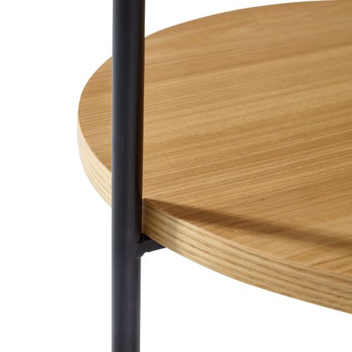 Bout De Canapé 44x44x48 Cm, Double Plateau Rond, Bois Et Mdf, Cadre En Métal Noir, Couleur Bois+noir