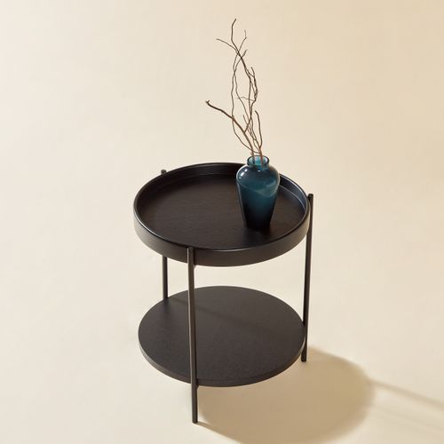 Bout De Canapé 44x44x48 Cm, Double Plateaux, Bois Et Mdf, Structure Métal, Couleur Noir