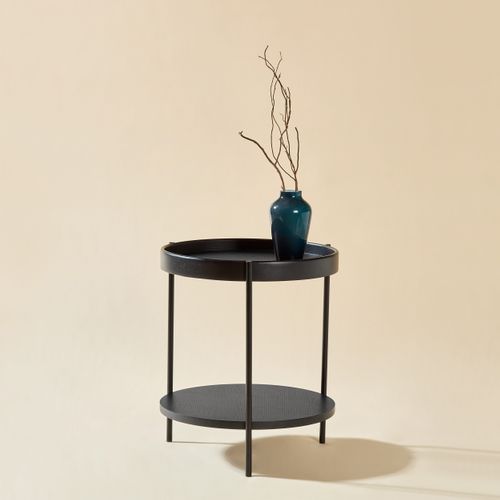 Bout De Canapé 44x44x48 Cm, Double Plateaux, Bois Et Mdf, Structure Métal, Couleur Noir