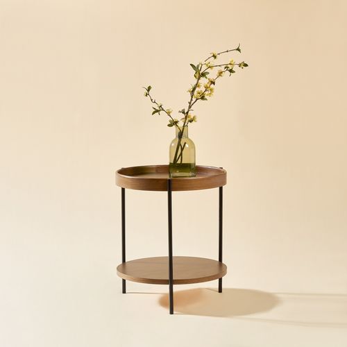 Bout De Canapé 44x44x48 Cm, Double Plateau, Bois Et Mdf, Piètement En Métal Noir, Couleur Brun+noir