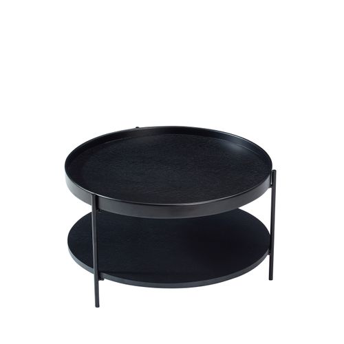 Table Basse Ronde 69x69x38 Cm, Double Plateau Rangement, Bois Et Mdf, Cadre En Fer Noir, Noir
