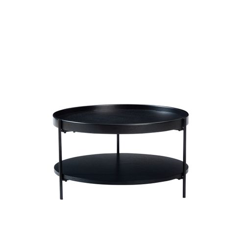 Table Basse Ronde 69x69x38 Cm, Double Plateau Rangement, Bois Et Mdf, Cadre En Fer Noir, Noir