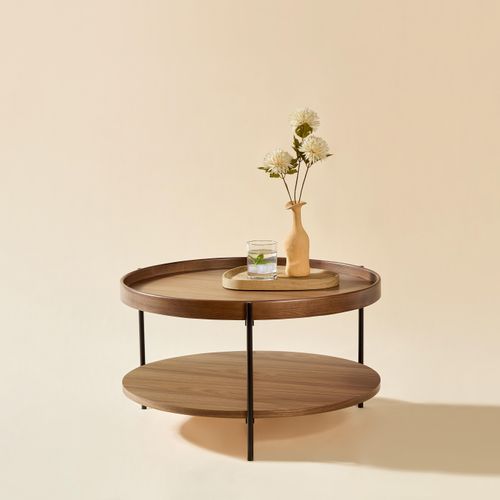 Table D Appoint 69x69x38 Cm, Plateau En Mdf Et Bois, Pieds Métal, Couleur Bois Foncé