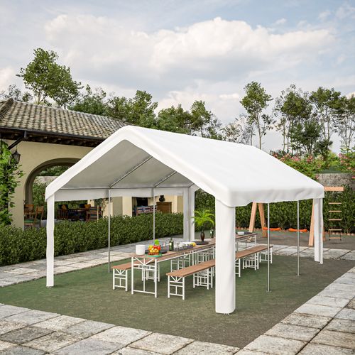 Tonnelle 601x400x281 Cm, Portes Enroulables Avant Arrière, Acier Tissu Oxford, Blanc