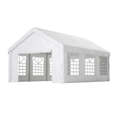 Tonnelle 601x400x281 Cm, Portes Enroulables Avant Arrière, Acier Tissu Oxford, Blanc