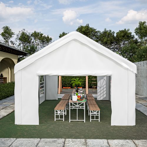 Tonnelle 601x400x281 Cm, Portes Enroulables Avant Arrière, Acier Tissu Oxford, Blanc