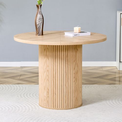 Table Basse Ronde 100x100x76cm, Plateau 4 Segments, Pieds Cylindriques, Mdf, Métal, Couleur Bois