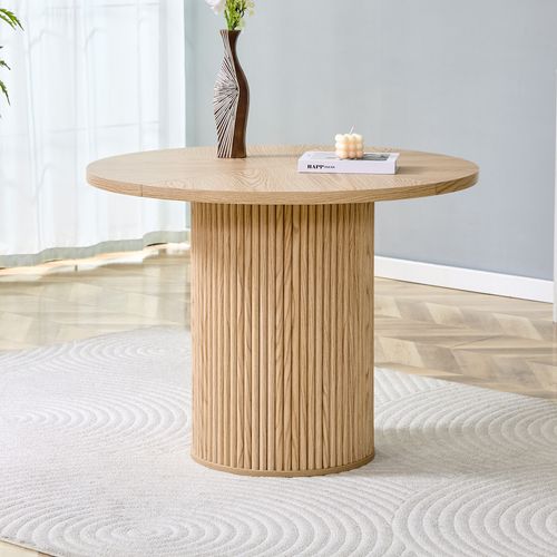 Table Basse Ronde 100x100x76cm, Plateau 4 Segments, Pieds Cylindriques, Mdf, Métal, Couleur Bois