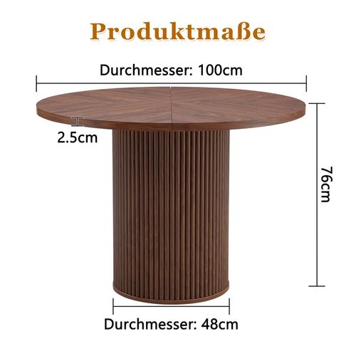 Table Basse Ronde 100x100x76cm, Plateau 4 Segments En Mdf, Pieds Cylindriques, Structure Métal, Brun