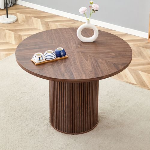 Table Basse Ronde 100x100x76cm, Plateau 4 Segments En Mdf, Pieds Cylindriques, Structure Métal, Brun