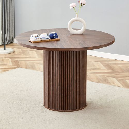 Table Basse Ronde 100x100x76cm, Plateau 4 Segments En Mdf, Pieds Cylindriques, Structure Métal, Brun