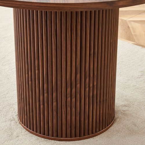 Table Basse Ronde 100x100x76cm, Plateau 4 Segments En Mdf, Pieds Cylindriques, Structure Métal, Brun