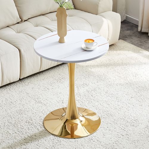 Table D'appoint Ronde 60x60x72 Cm, Plateau Thermoformé 2 Cm, Pied Métal Doré, Mdf, Blanc Et Doré
