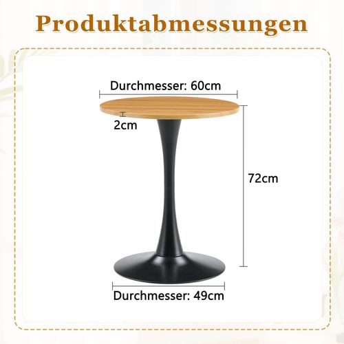 Table D'appoint Ronde 60x60x72 Cm, Plateau Thermoformé 2 Cm, Pied Métal, Mdf, Couleur Bois+noir