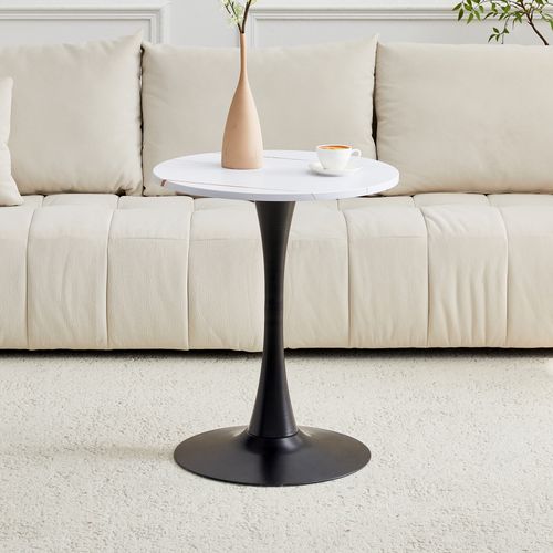 Table D'appoint Ronde 60x60x72 Cm, Pied Central En Métal, Mdf, Couleur Blanc+noir