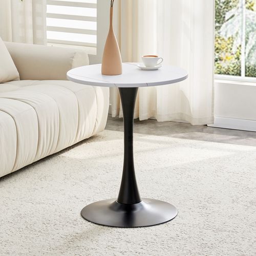 Table D'appoint Ronde 60x60x72 Cm, Pied Central En Métal, Mdf, Couleur Blanc+noir