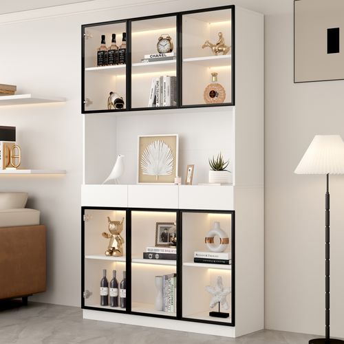 Vitrine 120x36x200cm, Avec LED Et 3 Tiroirs, Panneaux De Particules Et Verre, Blanc