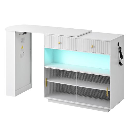 Table De Bar 120x50x95,5 Cm, Éclairage LED, Station De Charge USB Et Type C, Mdf, Blanc