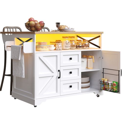 Îlot De Cuisine 120x43-71.5x98 Cm, Plateau Rabattable LED, Mdf, Métal, Couleur Blanc+bois