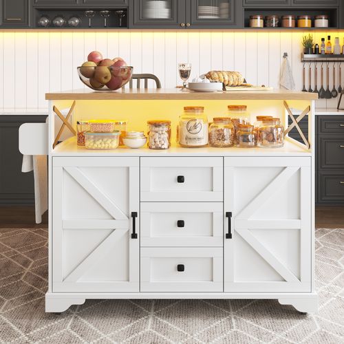 Îlot De Cuisine 120x43-71.5x98 Cm, Plateau Rabattable LED, Mdf, Métal, Couleur Blanc+bois