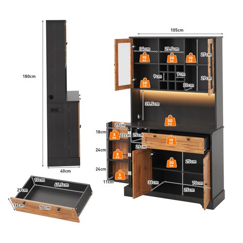 Buffet De Cuisine 105x40x180 Cm, Éclairage LED Changeant Via Appli, Tiroir, Mdf, Couleur Bois+noir