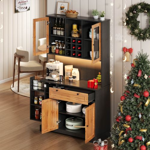 Buffet De Cuisine 105x40x180 Cm, Éclairage LED Changeant Via Appli, Tiroir, Mdf, Couleur Bois+noir